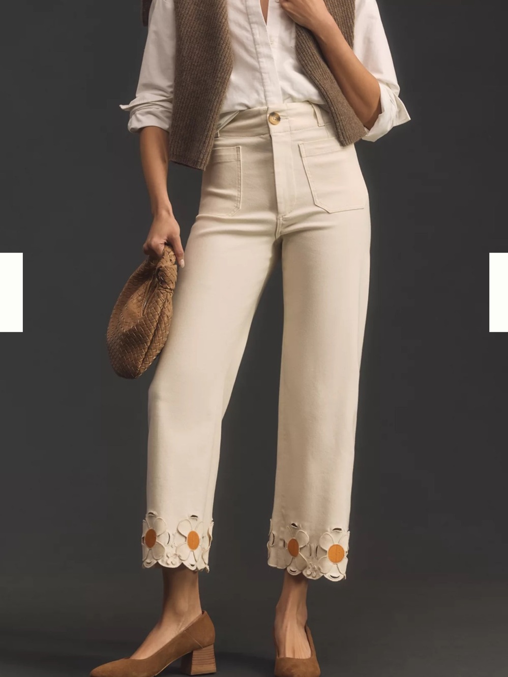 High-Rise Cropped Ankle Pants with Floral Cutwork - Cream